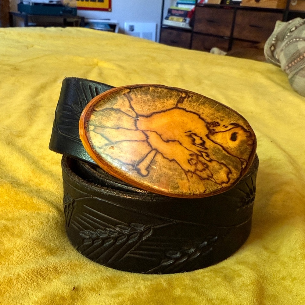Handmade Black Leather Belt with Design and Birch Belt Buckle.